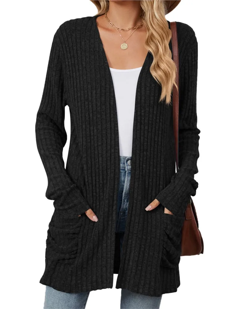 2024 Autumn Winter Women\'s New Solid Color Pocket Long Sleeve Bottom Collarless Cardigan Casual Loose Knitted Shirt In Stock