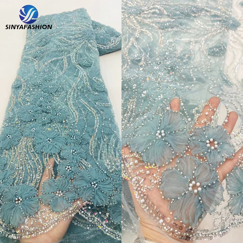 Sinya Embroidery Sequins Pearls African Nigerian French Tulle 3D Lace Fabric High Quality 2024 Luxury Bridal beaded Wedding Lace