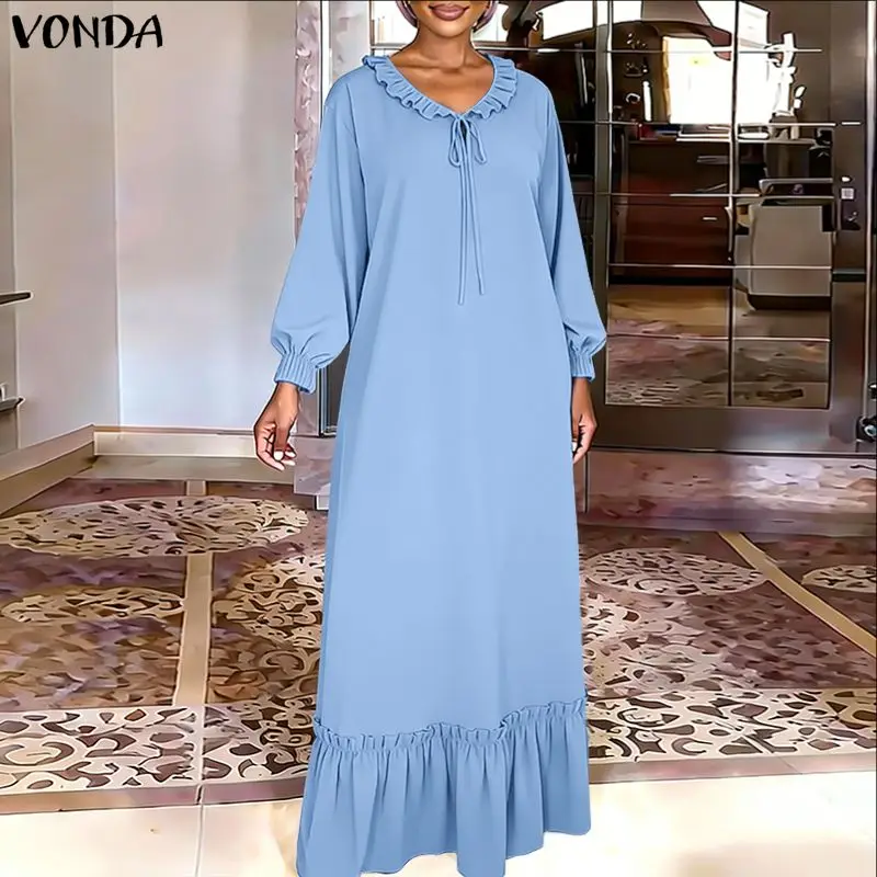 

Fashion Women Summer Spring Long Maxi Dress VONDA Solid Plus Size Dresses Long Sleeve Ruffle Lace-up Dress OL Party Vestidos