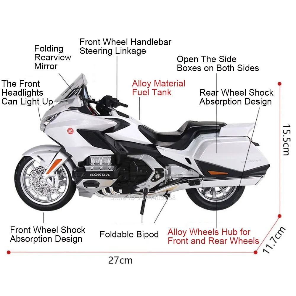 1:9 혼다 GL1800 CBR1000 오토바이 모형 장난감 금속 바디 접이식 삼각대 충격 흡수 모터 모델 홈 장식