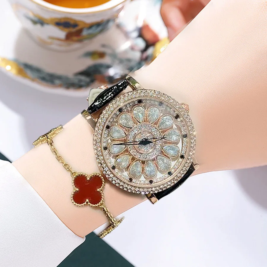 

UTHAI Women's Fashion Quartz Watch 360 ° Time Comes and Turns Diamond Inlaid Dial Waterproof Female Creative Clock Wristwatches