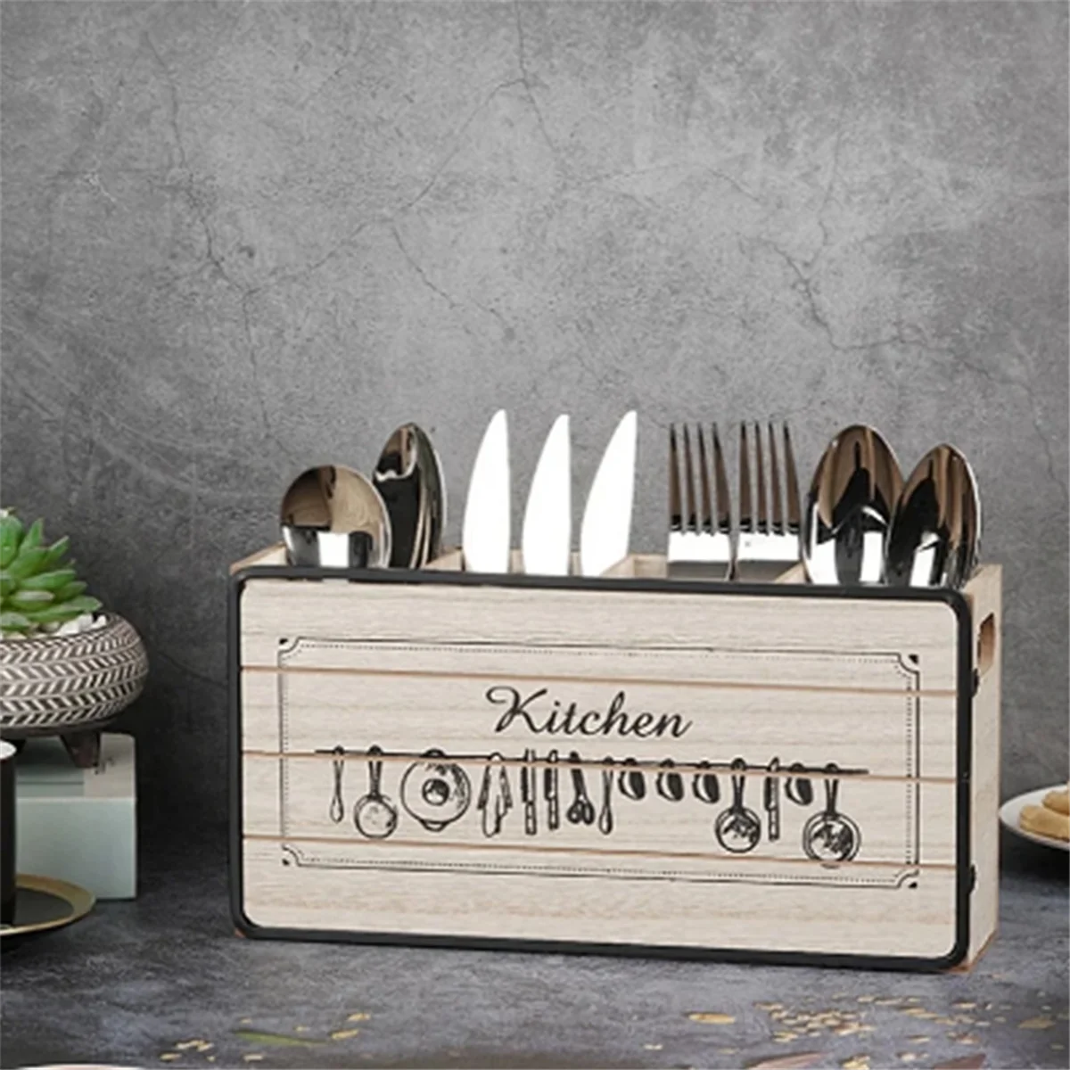 Retro Wooden Tableware Storage Box Tabletop Knife Fork Chopsticks Spoon Storage Rack Home Kitchen Cabinet Organizer