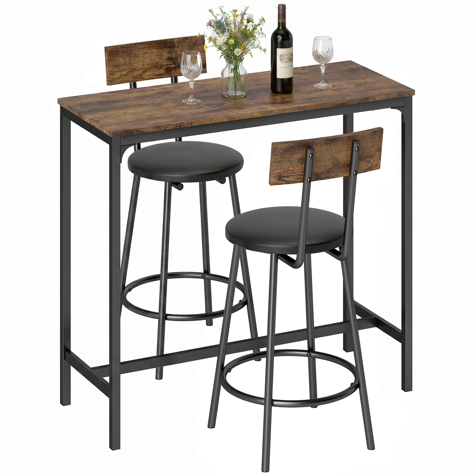 HOMCOM Set Tavolo da Bar con 2 Sgabelli, Tavolo Alto da Cucina e 2 Sedie da Bar Imbottite in PU, Poggiapiedi, Marrone