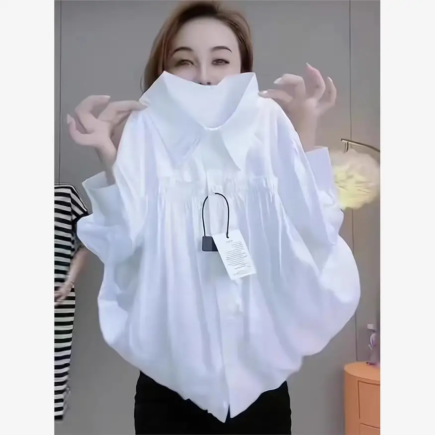 White Long Sleeve Women's Shirt Spring Summer Autumn New Style European Heavyweight Slimming Pleated Design Versatile Top