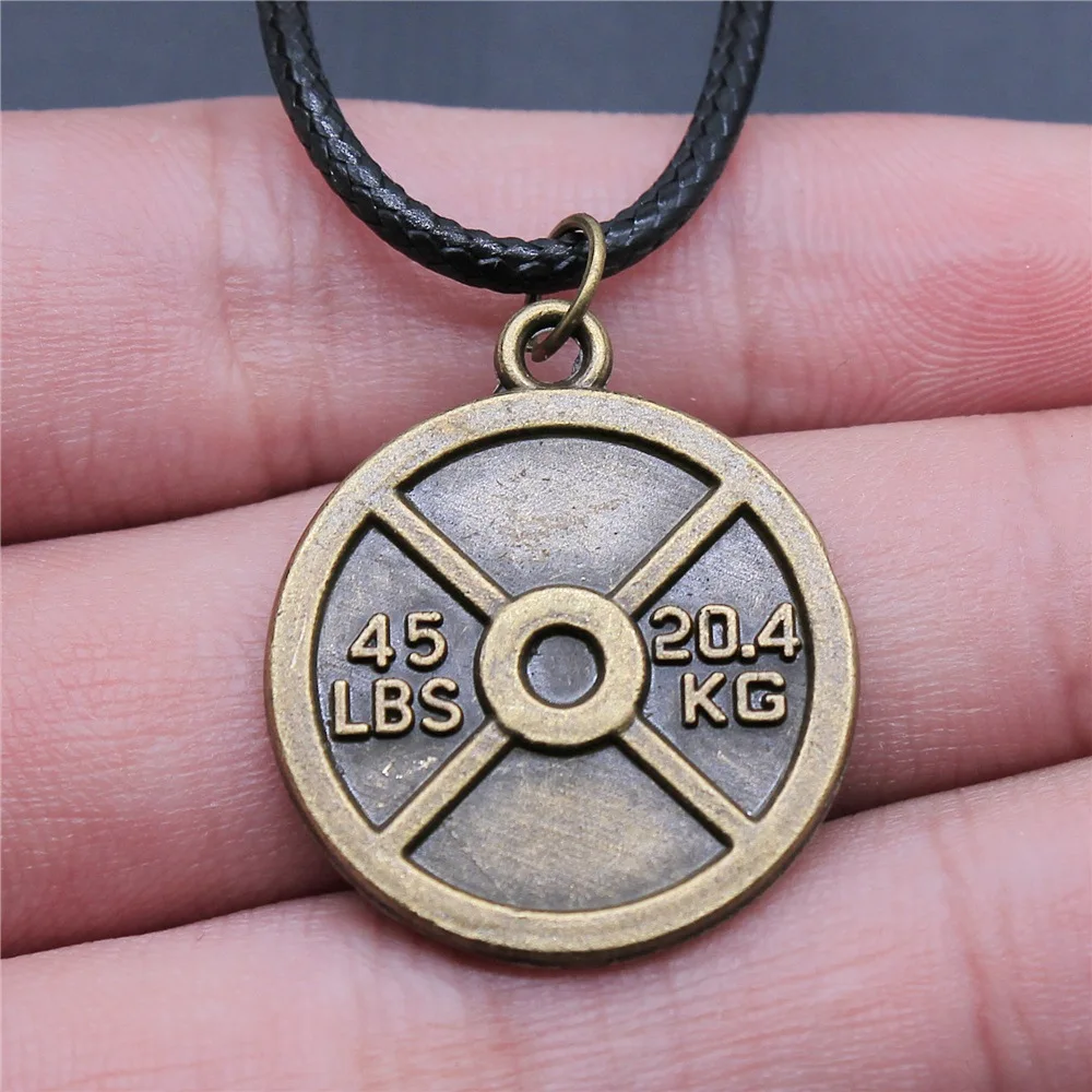 Dropshipping Antique Bronze Color 28x24mm Weightlifting Weight Film Pendant Faux Black Leather Rope Chain Necklace