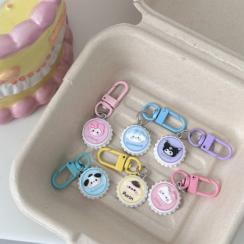 Kawaii Sanrio Kittty Kuromi Cinnamoroll My Melody Purin Pocha Creativity Bottlecap Keychains Backpack Pendant Kids Birthday Gift