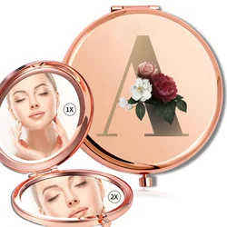 Women Folding Makeup Round Mirror Handheld Cosmetic Double Sided Mirror Metal Magnification Purse Look Glass Gold Letter Pattern