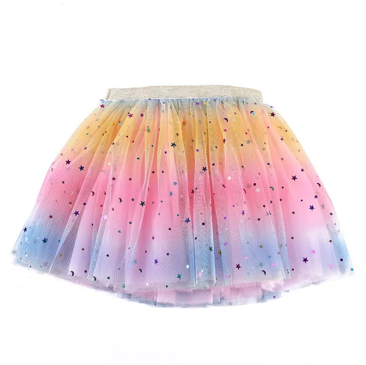 Kid Girl's Skirts 2024 Summer Casual Sweet and Lovely Elastic Waist Chiffon Pentagram Rainbow Dress Going Out Pengpeng Skirt