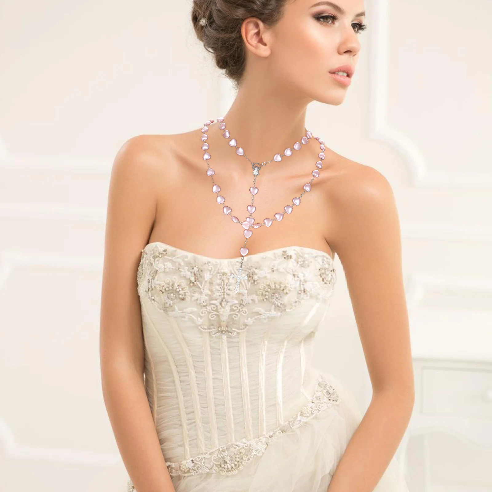 

Pink Heart Rosary Necklace Beaded Cross Pendant Elegant Vintage Glass Prayer Jewelry for Women Cross Pendent Necklace