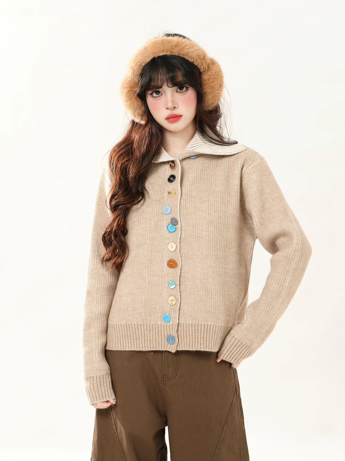 

ENJOG Women's Open Cardigan Sweater Autumn Winter Vintage Loose Versatile Knitted Outerwear Button Not Regular Collar