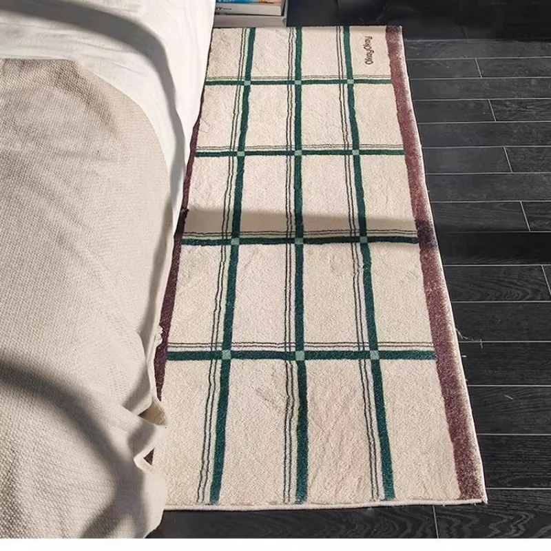 Plaid Stripes Bedside Rugs Cream Color Lines Carpet Soft Elegant Girls Room Decoration Carpets Comfortable Soft Easy Clean Rugs