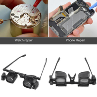 Eyeglasses Magnifier with 2 LED Lights and 6 Detachable Lenses Wearable Magnifier 2X 4X 6X 10X 18X 25X for Jewelry Appraisal