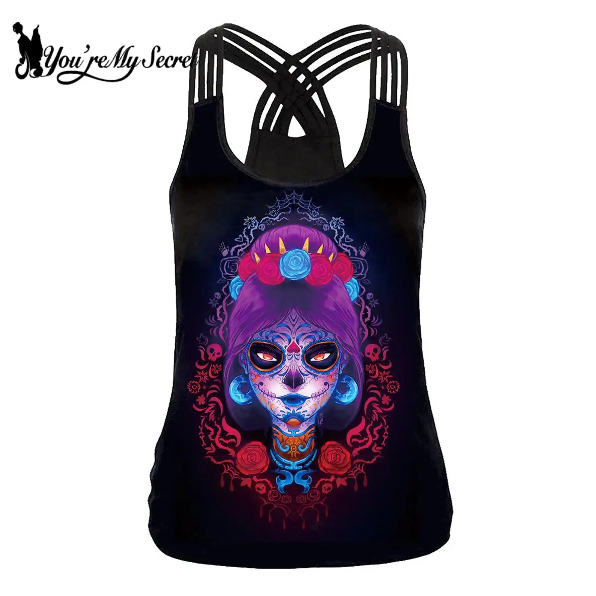 

[You're My Secret] Halloween Skull Girl Print Women's Tank Tops Fantastic Gothic Style Sexy Sling Cross Vest Backless Top Summer