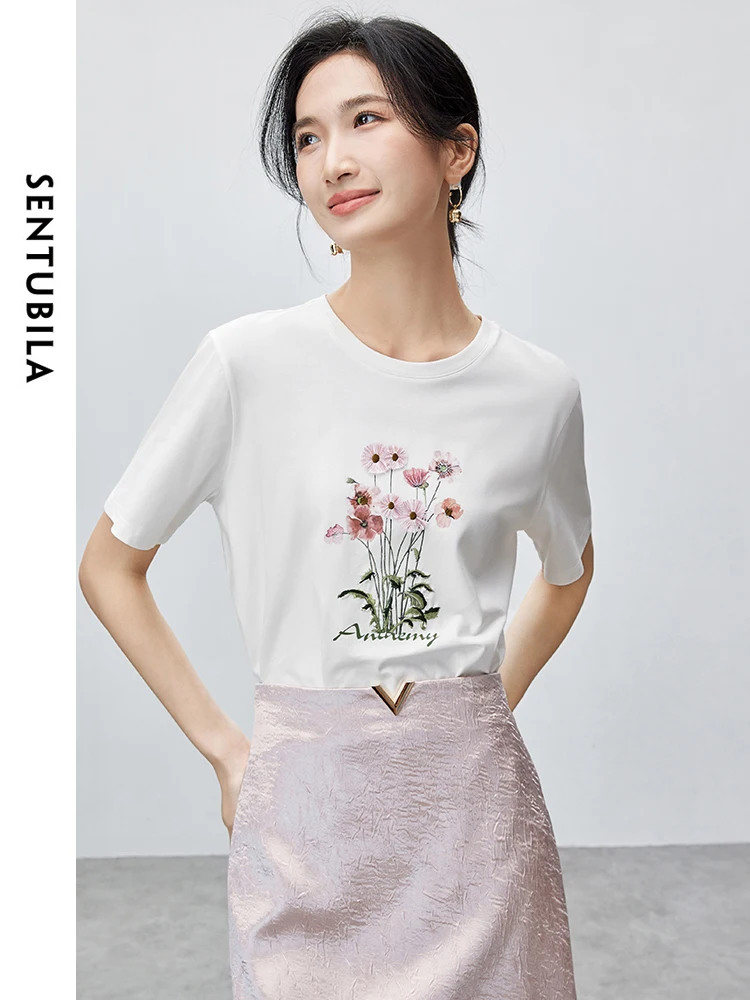 SENTUBILA Women Summer T Shirt 2024 Three-dimensional Floral Simple Casual Loose Short Sleeve Thin T-shirt Womens Tops 142T55054