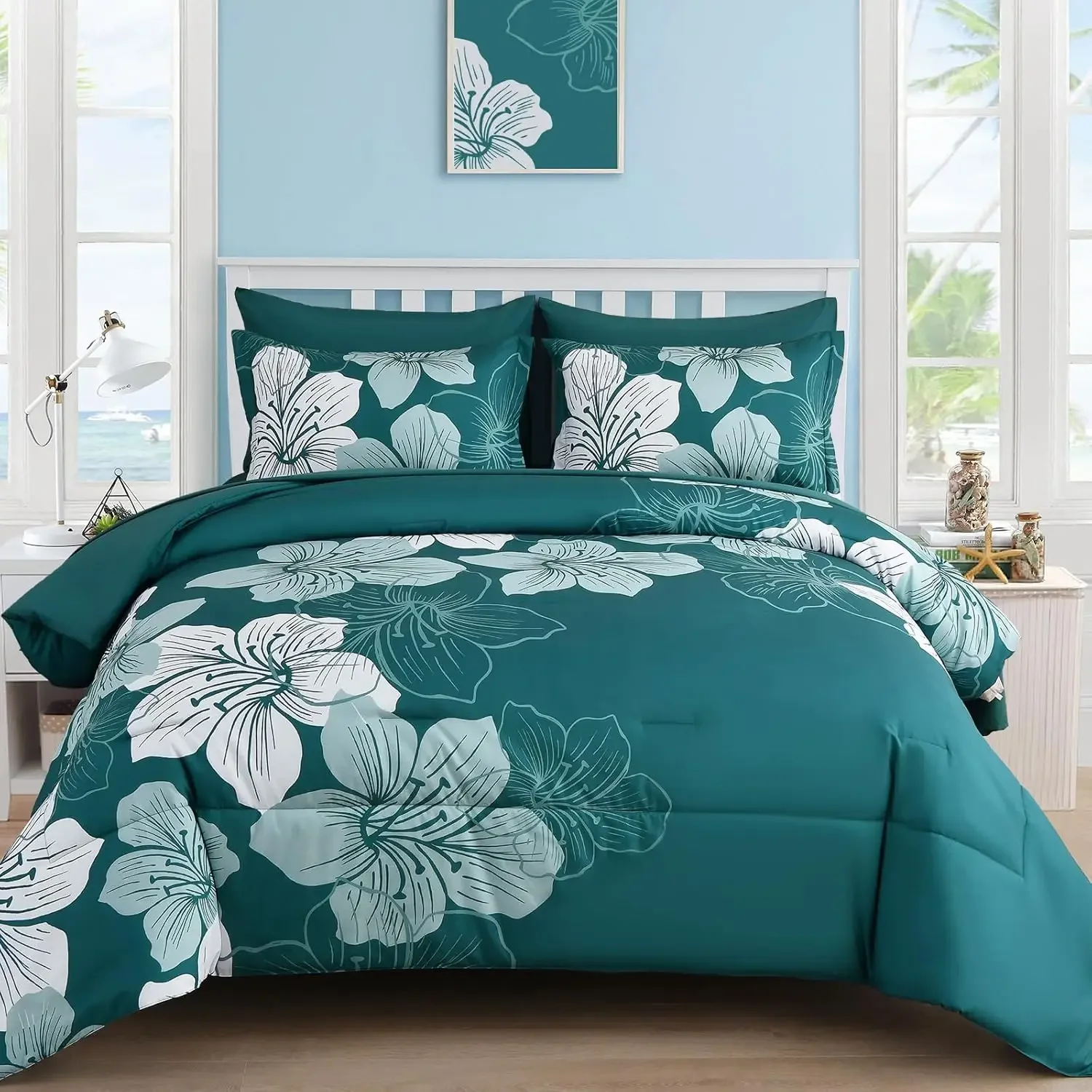 Luxudecor Floral Comforter Set Queen Size, 7 Pieces Bed in a Bag Teal Floral Comforter and Sheet Set