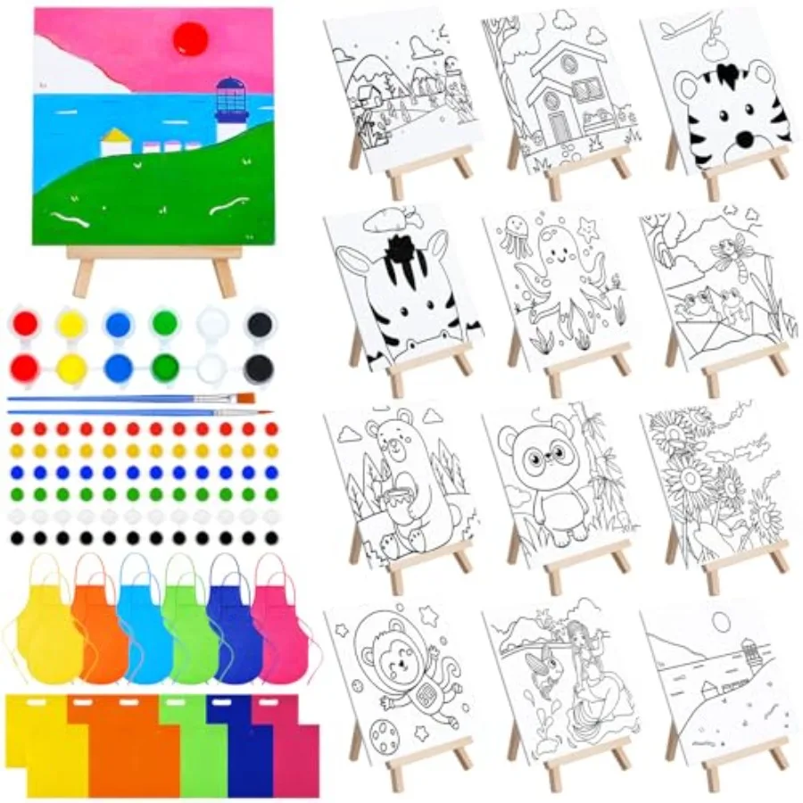 

48 Pcs Paint Party Favors Sets with 12 Pcs s Pre Drawn Canvas Panel and Wooden Easel Set Paint Pots and Brushes 12 Mini Apron a