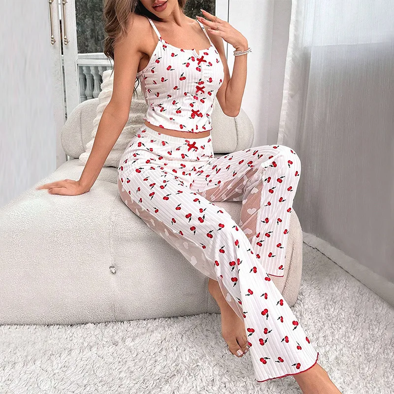 Women\'s Sleepwear & Loungewear Heart Print Contrast Lace Pajamas Pj Set Summer Sleevelss Cami Top & Elastic Pants Pyjama 2 Piece