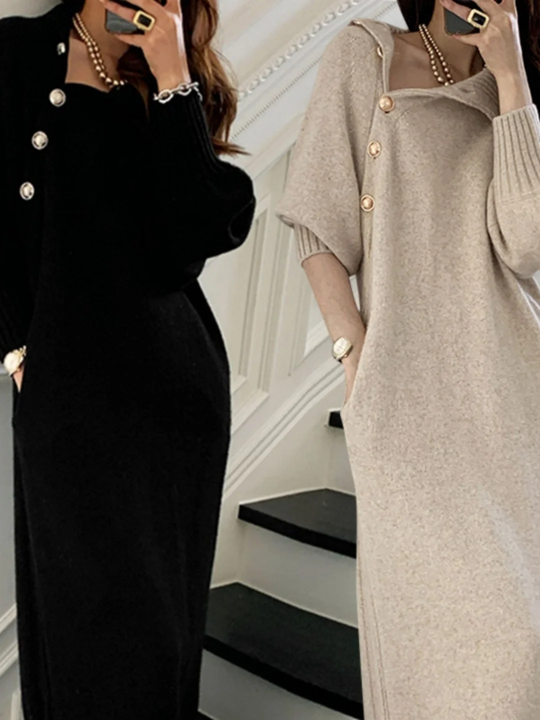 

plus Size Knitted Dr Women's Autumn Winter Loose Waist Design f Open Collar Slimming A-Line Skirt Casual Comfortable Dr