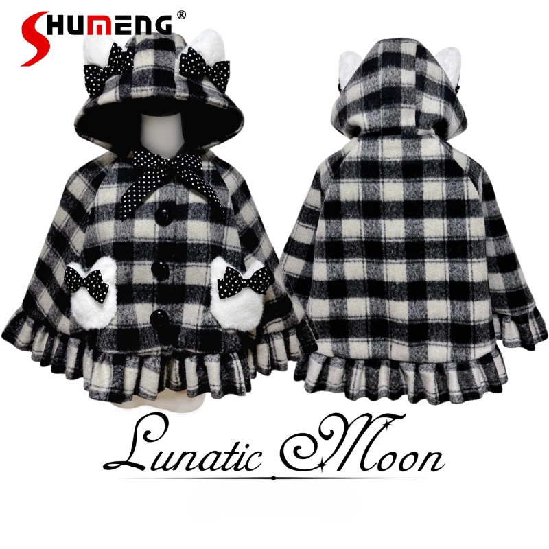 

Осень-зима, новый японский плащ с капюшоном в стиле Лолиты для девочек, милые пончо принцессы с бантом, женская короткая шерстяная куртка Y2K