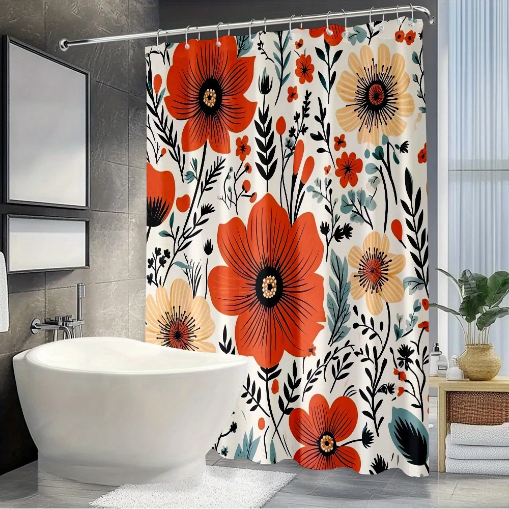 

Bold Floral Shower Curtain – Vibrant Red & Orange Poppies with Yellow Accents on Cream, Modern Botanical Print, Waterproof