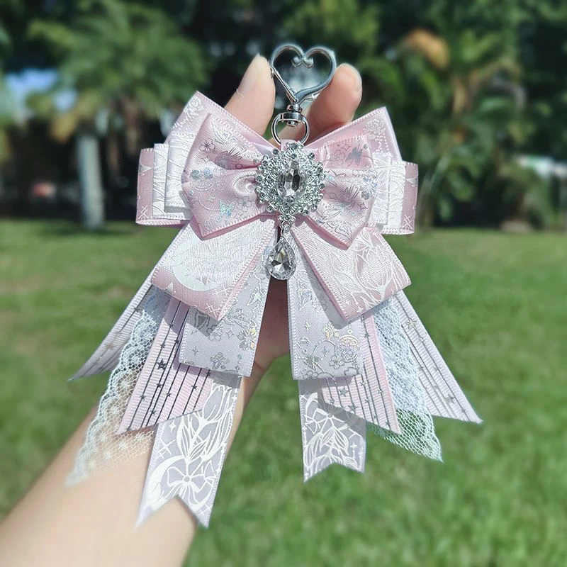 Handmade Lace Bow Bag Charm In Blue, Heart‑shaped Carabiner Keychain, Fabric Ribbon Ornament, Bag Hanging Decoration, Trendy Accessory for Handbag, Fashion Decorative Pendant for Daily Bag Decor