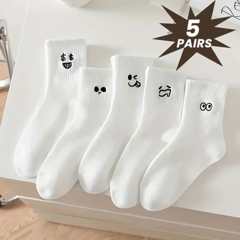

5 пар женских носков с героями мультфильмов, круглый вырез, средняя трубка, модные милые носки с выражением, повседневные дышащие осенние носки для девочек
