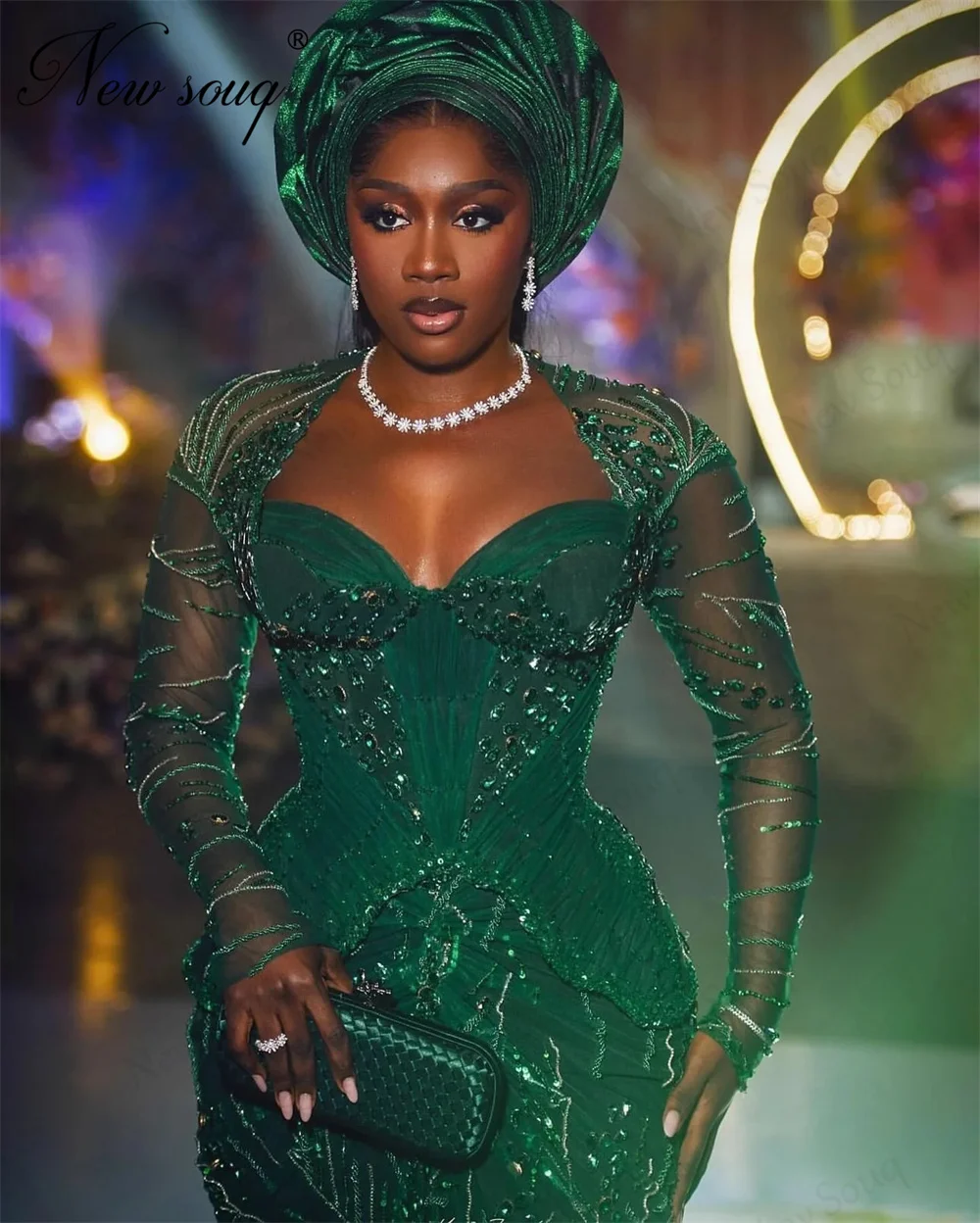 Afrikanische Grüne Meerjungfrau Prom Kleider Angepasst Lange Ärmel Perlen Abendkleid Aso Ebi Hochzeit Party Kleider Vestidos De Cóctel