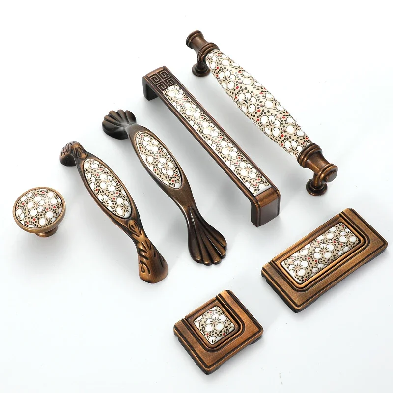 Antique Bronze Ceramic Cabinet Handles Vintage Drawer Knobs Wardrobe Door Handles European Furniture Handle Hardware
