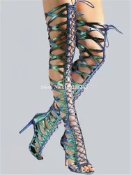 Iridescent Blue Silver Straps Cross Long Gladiator Boots Open Toe Snake Pattern Leather Stiletto Heel Over Knee Sandal Boots