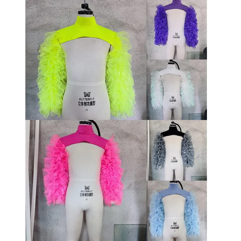 

Gauze Mesh Shawl Shoulder Jazz Dance Stage Performance Accessories Bubble Sleeves Vest Women DJ Singer Dancer Nightclub Costume