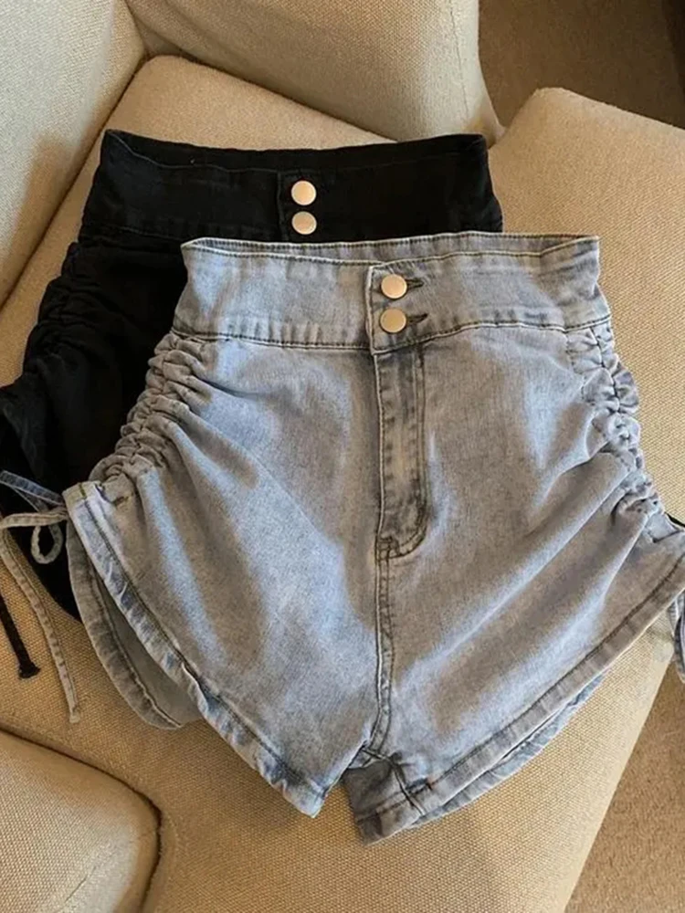 

Zoki Sexy Shirring Slim Denim Shorts Women Fashion Korean High Waist Casual Shorts Summer Button All Match Harajuku Shorts New