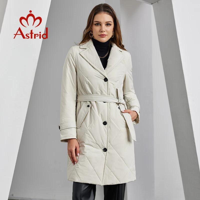 Astrid mantel Parka wanita, mantel Parka musim gugur musim dingin, sabuk kerah, jaket panjang berlapis tunggal, mantel empuk katun wanita tahan angin