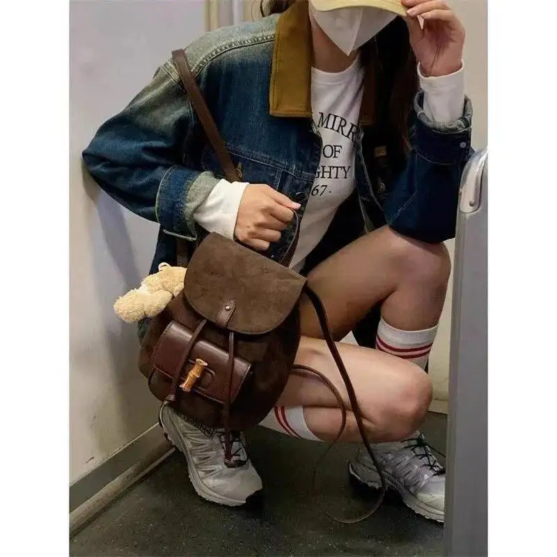 Bloom Hot Girls Brown Mini Backpack Women New Retro Versatile Suede Chic Y2k Backpacks Female Vintage Casual Mochila Aesthetic