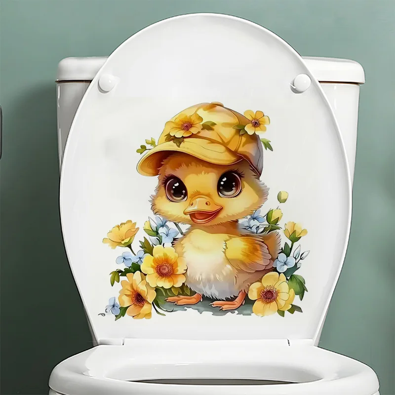 

Adorable Yellow Duckling with Flowers Toilet Stickers, Bright Bathroom for Home Decoration, Vinyl Decals, Art Wall Paper