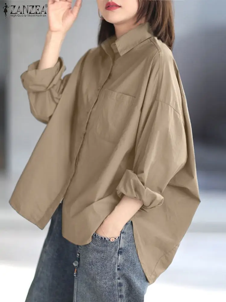 ZANZEA Women Korean Fashion Oversize Shirts Casual Loose Solid Color Long Sleeve Camisas BF Style Button Up Rounded Hem Blouses