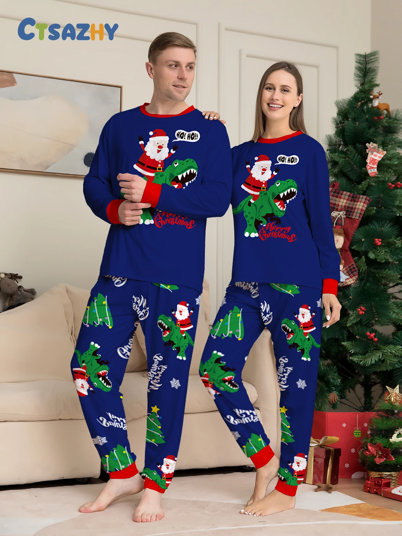 

Christmas Couple Pajamas Set: Navy Blue Tops with Santa - Dinosaur & 'Ho Ho!' Print, Santa - Dino Patterned Pants