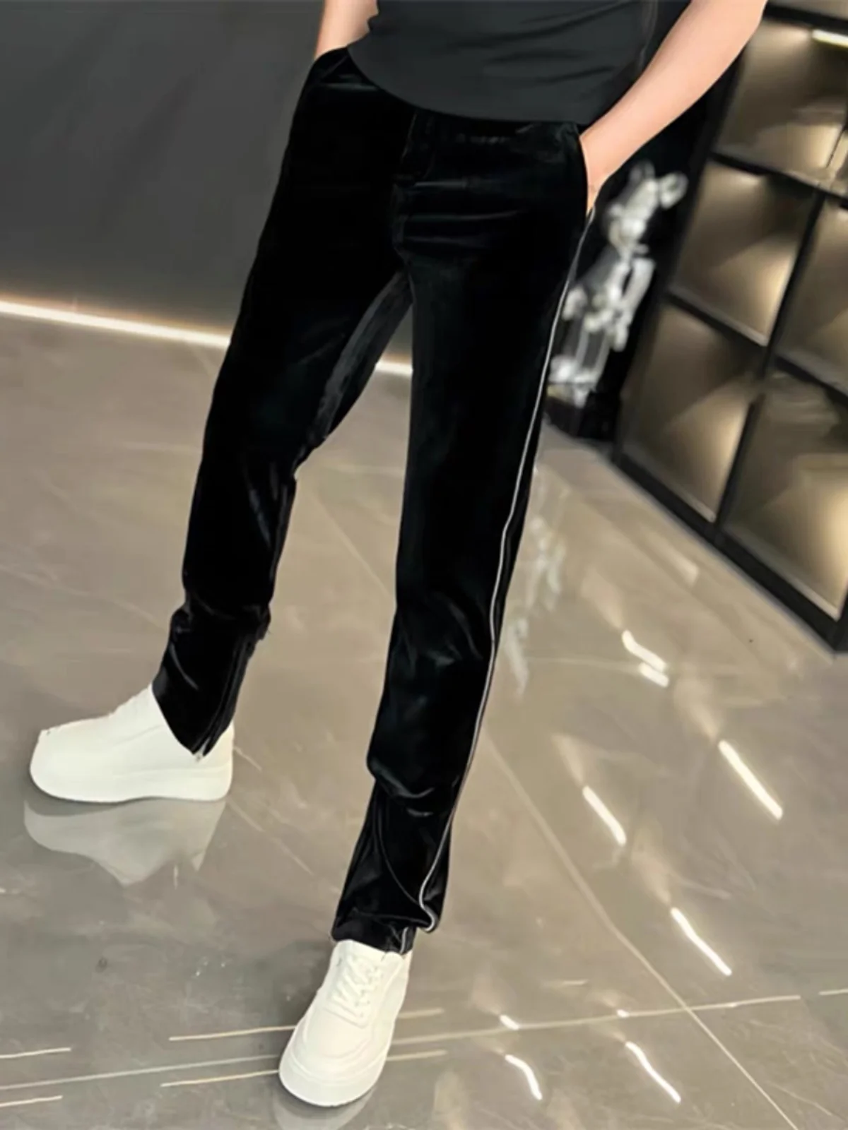 

Мужские повседневные спортивные брюки из золотистого бархата с пэчворком, прямого кроя, свободные, модные, длинные, коллекция Осень 2024