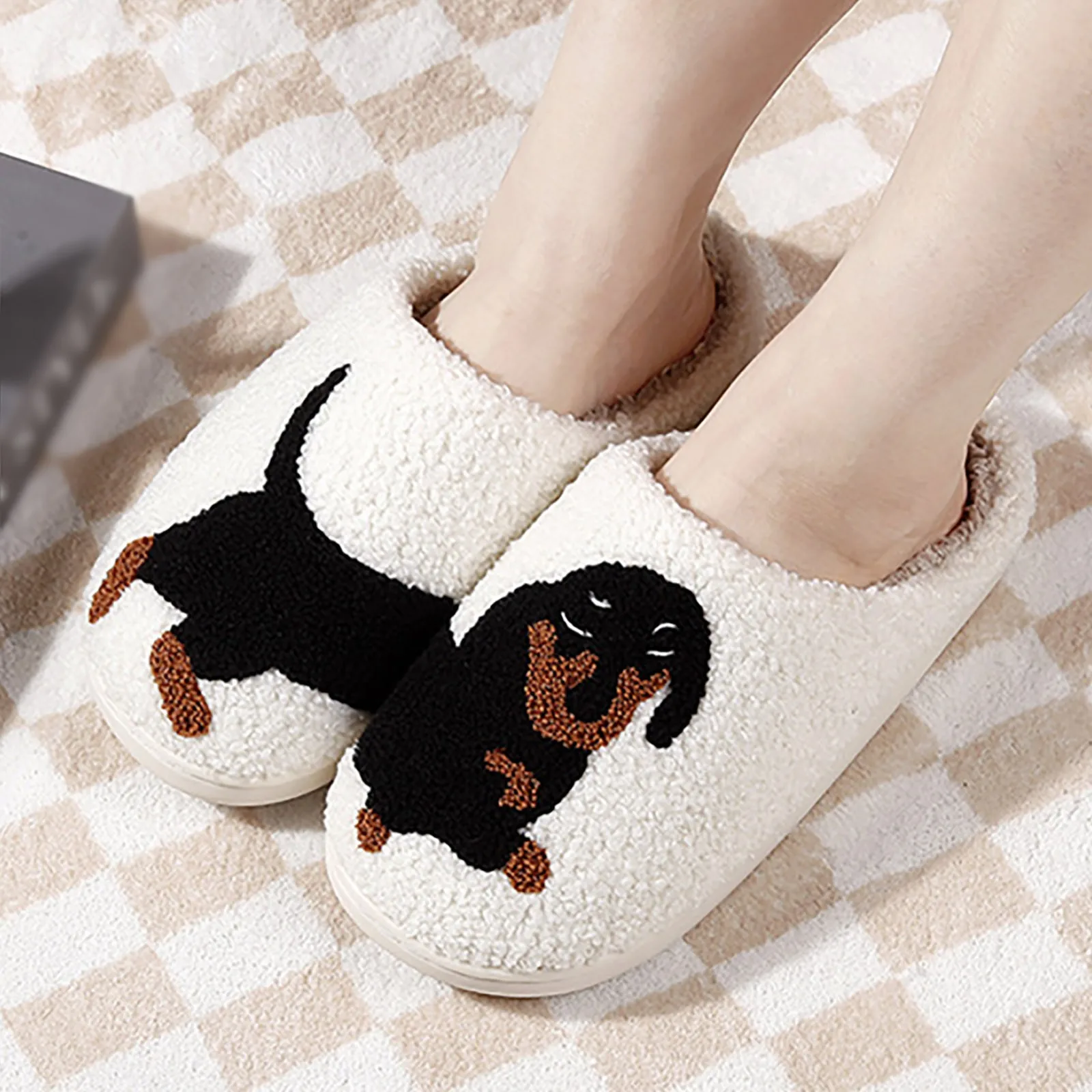 Furry Cotton Slippers Pet Pattern Dachshund Embroidery stuffed Home Thick Sole Cute Warm Non-slip Indoor Slippers Pet Mom Gift