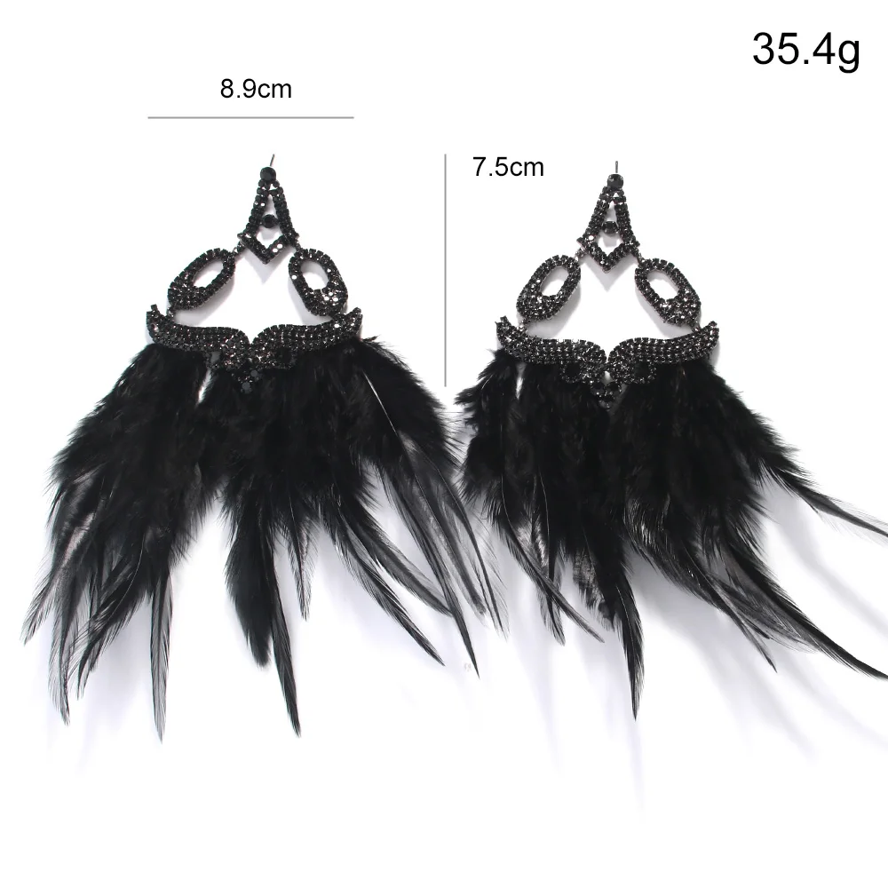 Stonefans Boho Black Feather Earrings Dangle Belly Dance Women 2024 Indian Bridal Exaggerate Rhinestone Earrings Prom Jewelry