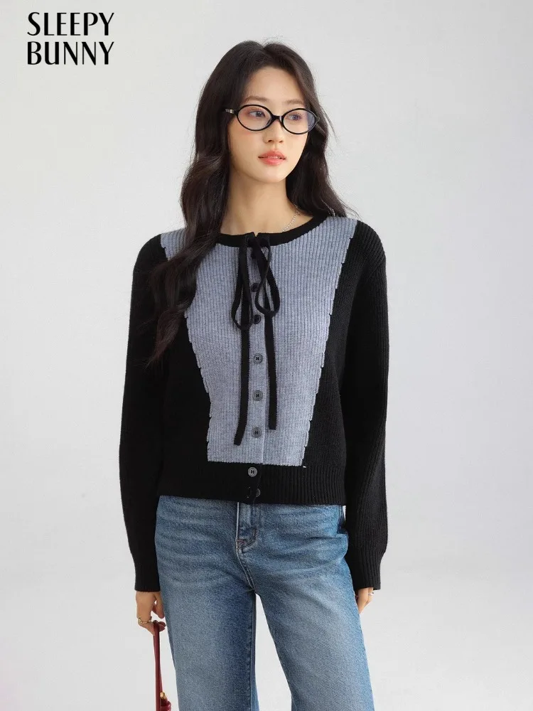 

Шикарный кардиган с контрастным галстуком, приталенный вязаный свитер, женский уникальный лоскутный дизайн, осенний эластичный топ с длинными рукавами, повседневный трикотаж