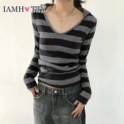 IAMHOTTY Korean Fashion Striped Knit Hooded Top Autumn Spring Long Sleeve T-shirts Vintage Slim-fitting Knitwear Grunge Hoodie