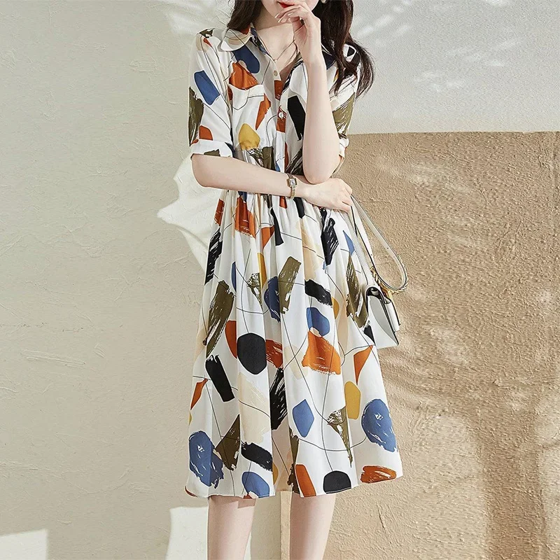 

New Polo neck Elegant Fashion Print Elastic Waist Dress Ladies Short Sleeve Casual A line Midi Dresses Vestidos De Fiesta XT523
