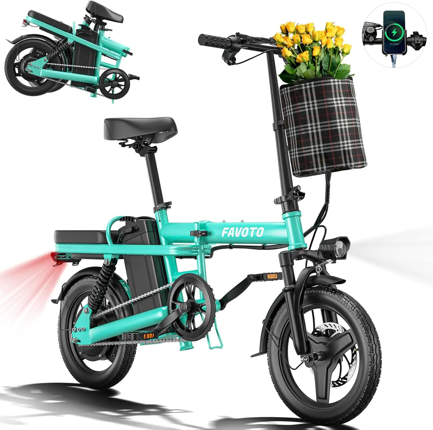 Folding Electric Bike with Removable  Battery - Power(Peak  Motor) , Multiple Suspension ,3-Speed, Mini E Bikes 14