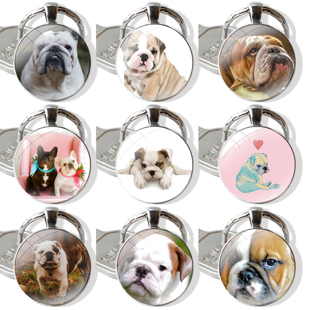 Fashion Creative Cartoon Design French English Bulldog Keychain Handmade Glass Cabochon Key Ring Holder Pendant Key Chains