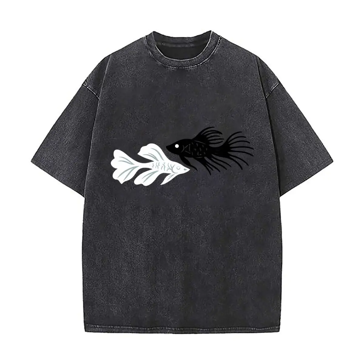 Black Betta Fish Long Fins Minimalist Aquatic Graphic Distressed Faded Baggy Streetwear Tops for Park Hangouts