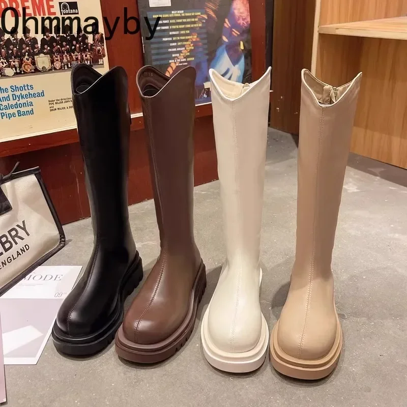 Soft Leather Women Knee High Boots Fashion Largas Size Long Booties Square Heels Autumn Winter Warm Short Plush Shoes