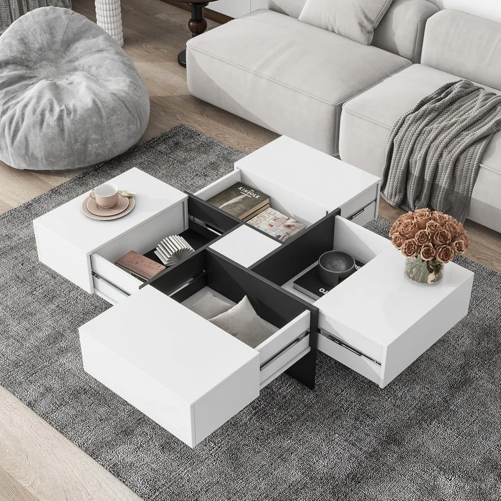 Coffee Table, Modern Extendable Coffee Table with 4 Hidden Storage Compartments, UV High-Gloss Square Center Cocktail Table wit