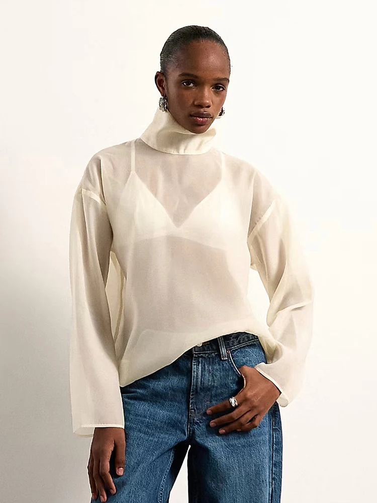

Sexy See Through Mesh Shirt Women Vintage American Streetwear Stand Collar Blouse Summer Casual Retro Long Sleeve Sun Proof Tops
