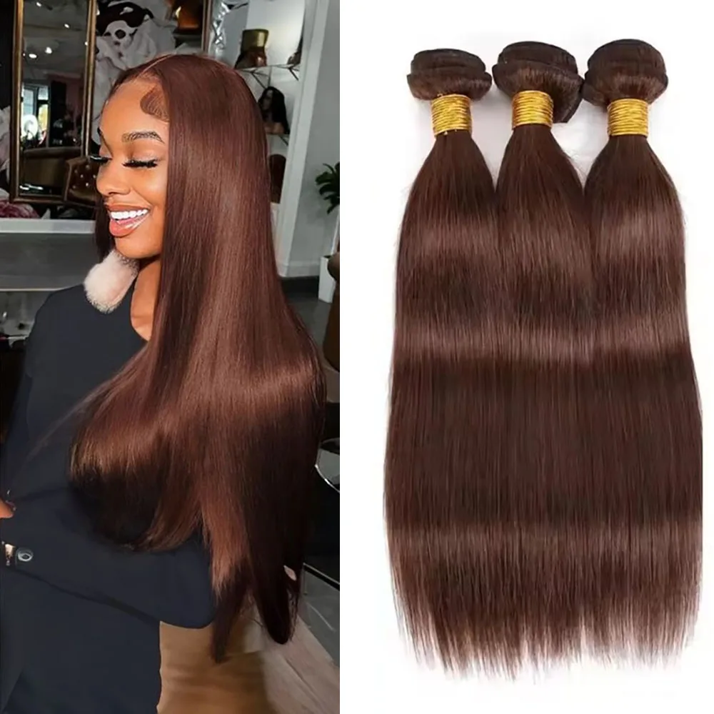 

4# Chocolate Brown 100% Indian Remy Hair Wig 3Pcs Straight Hair Extensions 14-30 Inch Bone Straight Hair Bundles for Women
