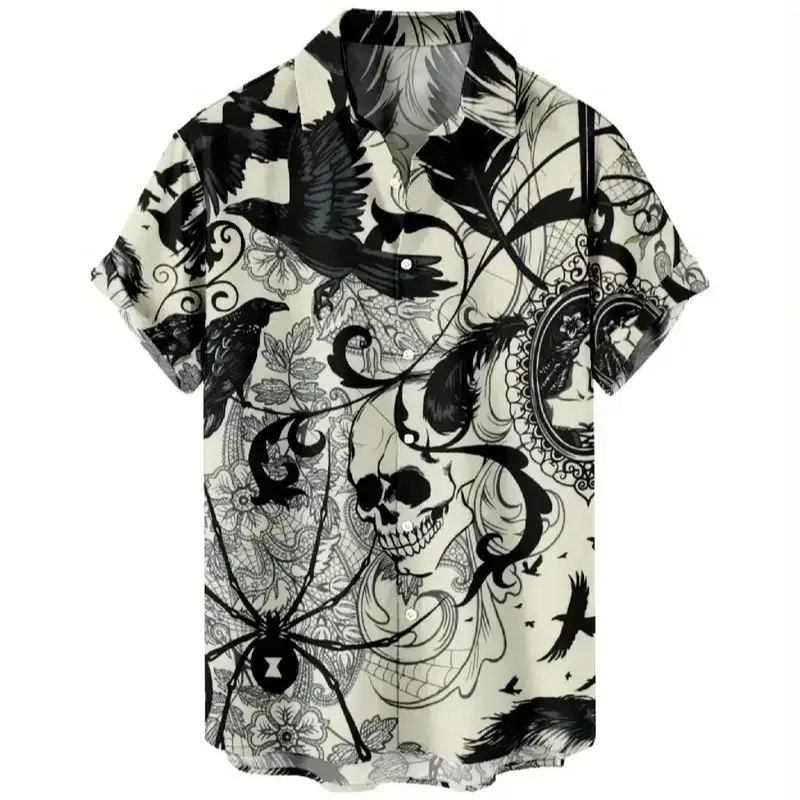 

Men's Summer Skull Spider Print Street Casual Style Sweatwicking, Breathable, Quick Drying Polo Collar Shirt with Button Elastic